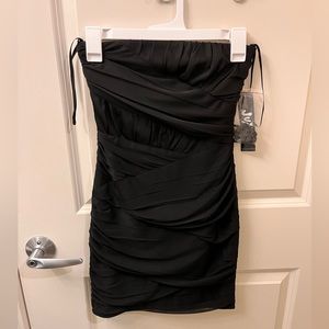 Black strapless mini body con dress with rouching